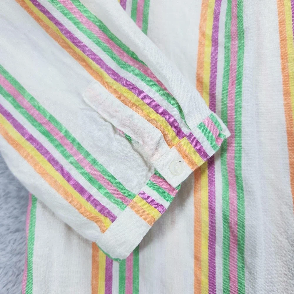 Boden Linen Tunic Blouse Womens 4 Multicolor Stripe 3/4 Sleeve Button Boat Neck - Picture 5 of 12